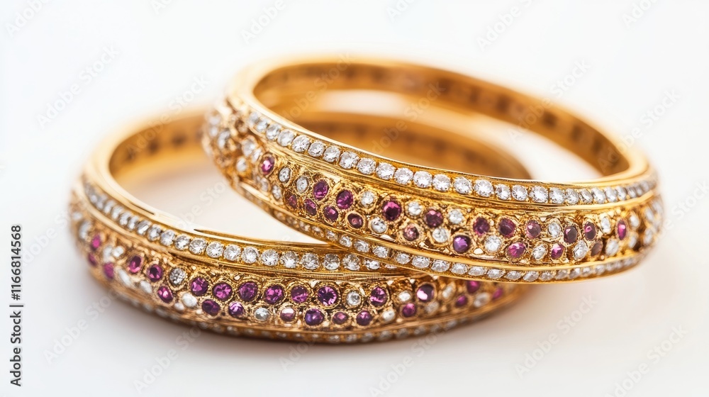 Elegant Indian bangles adorned with diamonds and rubies on a pristine white background for traditional jewelry concepts and cultural themes. Elegant Indian bangles adorned with diamonds and rubies on a pristine white background for traditional jewelry concepts and cultural themes.