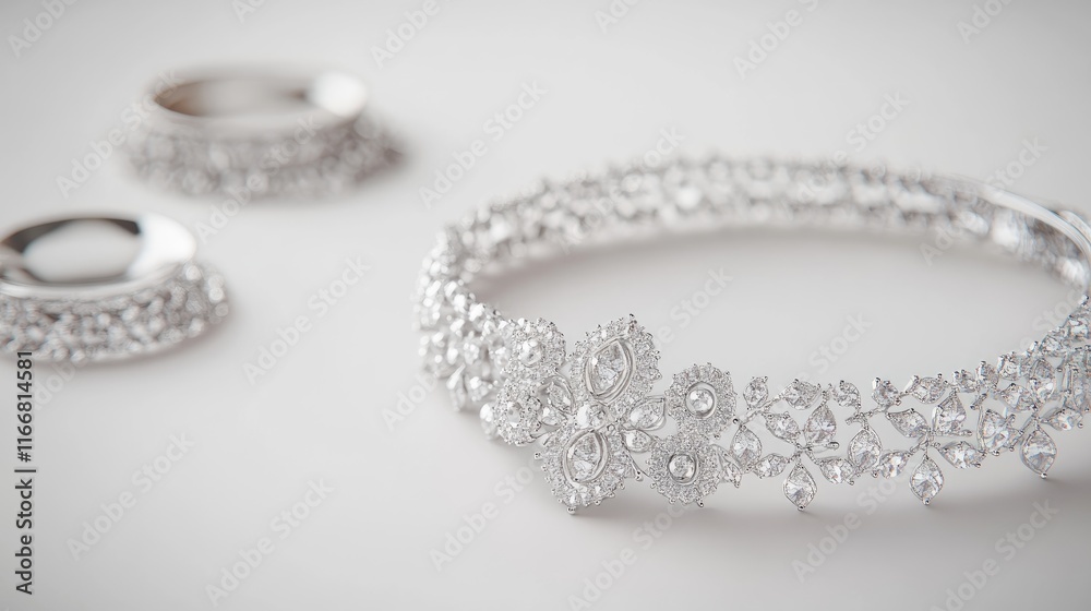Elegant silver jewelry set featuring intricate designs and sparkling details on a soft white background. Perfect for bridal or special occasions. Elegant silver jewelry set featuring intricate designs and sparkling details on a soft white background. Perfect for bridal or special occasions.
