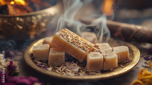 Traditional Arab Incense Blocks and Scented Chips on Decorative Plate with Aromatic Smoke and Floral Elements photo