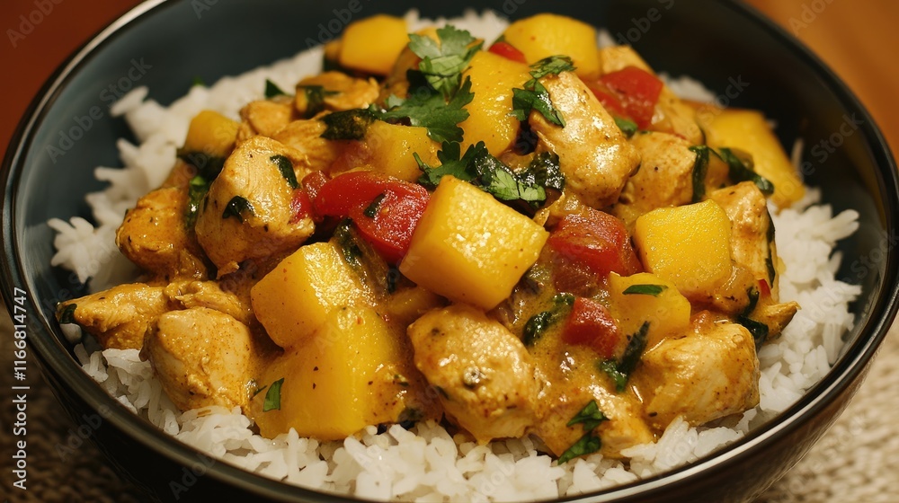 Delicious Indian chicken mango curry served over fluffy white rice in a bowl garnished with fresh herbs and vibrant ingredients Delicious Indian chicken mango curry served over fluffy white rice in a bowl garnished with fresh herbs and vibrant ingredients