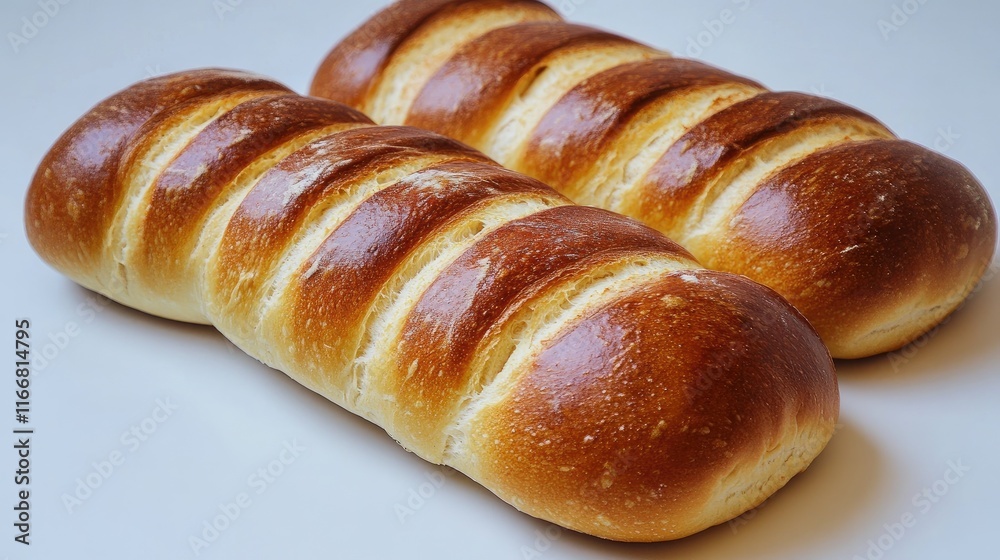 Artisan Baked Bread Loaves with Golden Crust Displayed on White Surface in Modern Bakery Setting Artisan Baked Bread Loaves with Golden Crust Displayed on White Surface in Modern Bakery Setting