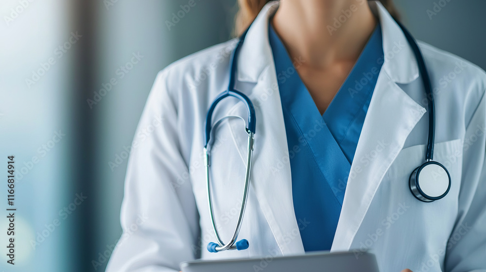 healthcare professional wearing white coat and stethoscope, holding tablet in medical setting healthcare professional wearing white coat and stethoscope, holding tablet in medical setting