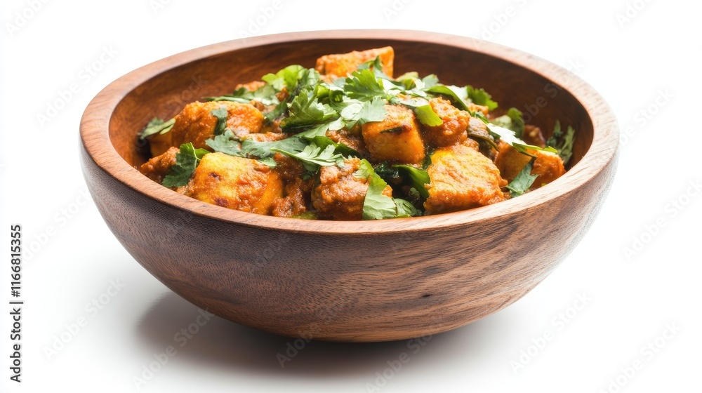 Indian vegetarian dish in a wooden bowl garnished with cilantro on a white background showcasing vibrant colors and rich textures