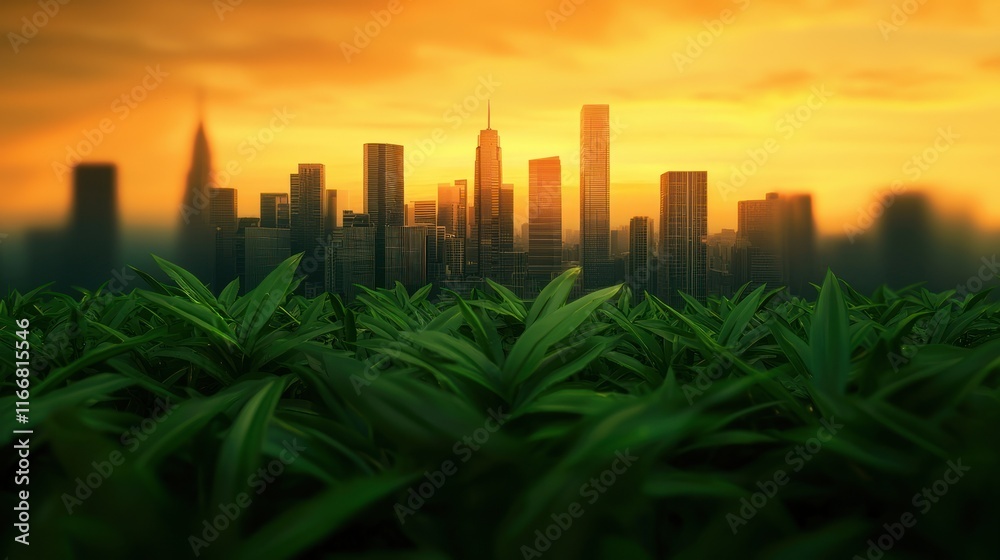 Fototapeta premium Urban sunset green fields in the city nature photography vibrant landscape aerial view environmental concept