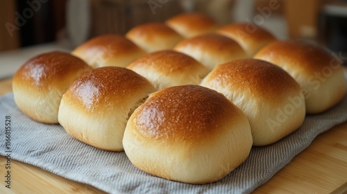 Freshly Baked Golden Brown Bread Rolls Arranged on a Rustic Table for a Warm and Inviting Culinary Atmosphere