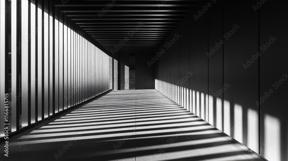 Geometric architectural corridor showcasing aluminum panel walls and dynamic shadows in monochrome tones Geometric architectural corridor showcasing aluminum panel walls and dynamic shadows in monochrome tones
