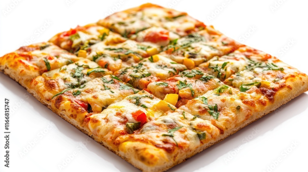 Homemade Indian style vegetable pizza topped with cheese on a white background showcasing a colorful array of fresh ingredients. Homemade Indian style vegetable pizza topped with cheese on a white background showcasing a colorful array of fresh ingredients.