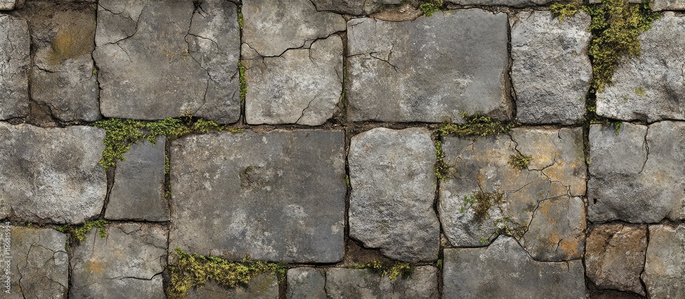 Weathered paving slabs with moss growth in cracks suitable for texture and design projects in industrial and nature-inspired themes. Weathered paving slabs with moss growth in cracks suitable for texture and design projects in industrial and nature-inspired themes.