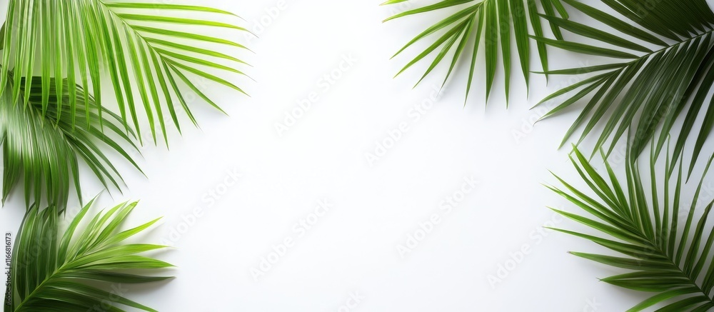 Minimalist white wooden frame mockup surrounded by palm leaves ideal for modern wall decor and artistic displays Minimalist white wooden frame mockup surrounded by palm leaves ideal for modern wall decor and artistic displays