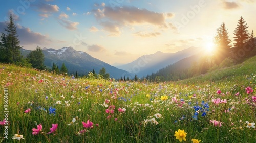 Vibrant alpine meadows adorned with colorful wildflowers and coniferous trees under a serene sunrise in the mountainous landscape