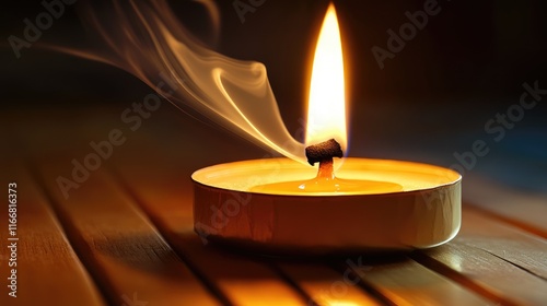 Incense stick ignited by candle flame with smoke curling in a serene setting creating a tranquil atmosphere for meditation and relaxation photo