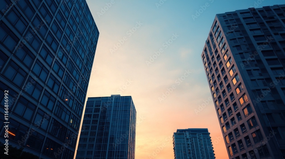 Obraz premium Urban sunset view skyscrapers photography cityscape aesthetic design for seo impact