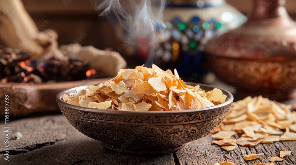 Scented incense chips in traditional bowl with smoke rising on rustic wooden table showcasing cultural aromatic practices in Arab countries Scented incense chips in traditional bowl with smoke rising on rustic wooden table showcasing cultural aromatic practices in Arab countries