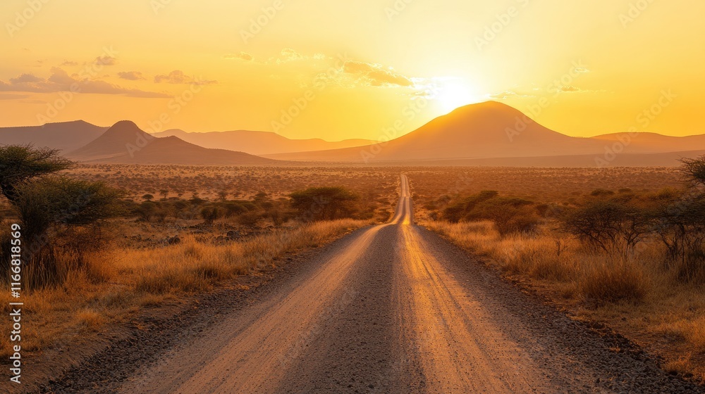 Sunrise over African landscape with railway tracks and distant mountains in a golden light creating a serene and tranquil atmosphere. Sunrise over African landscape with railway tracks and distant mountains in a golden light creating a serene and tranquil atmosphere.