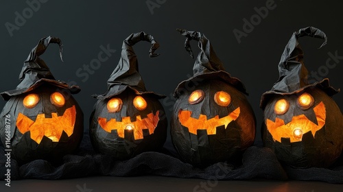 Halloween Pumpkins with Unique Evil Faces Dressed in Handmade Paper Costumes and Illuminated Eyes photo