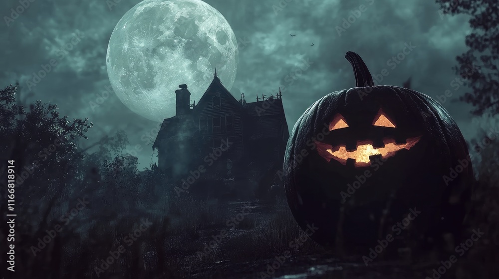 Naklejka premium Halloween Pumpkin Illuminated Against Full Moon and Spooky Haunted House in Atmospheric Night Setting