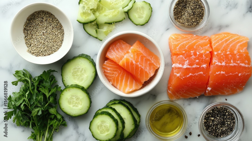 Fresh ingredients layout for preparing lox salmon appetizer with cucumber and herbs on marble table ideal for family brunch recipes Fresh ingredients layout for preparing lox salmon appetizer with cucumber and herbs on marble table ideal for family brunch recipes
