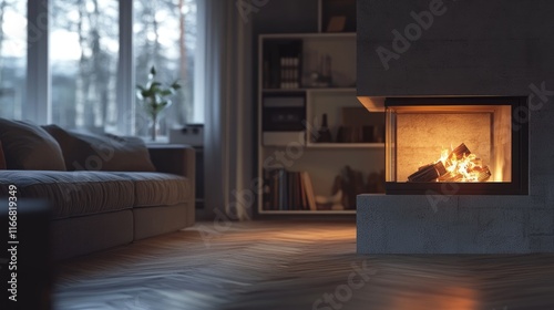Cozy Scandinavian Living Room with Gray Sofa and Warm Fireplace Ambiance in Full HD 4k