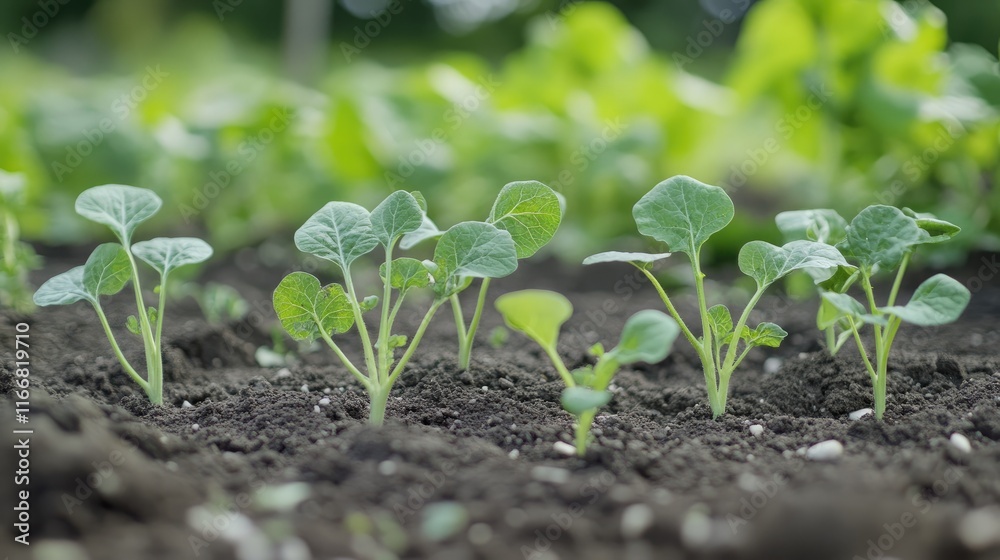 Vegetable seedlings growing in rich soil in a vibrant garden bed showcasing healthy plants and nurturing environment for growth Vegetable seedlings growing in rich soil in a vibrant garden bed showcasing healthy plants and nurturing environment for growth