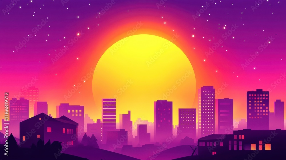 Fototapeta premium Vibrant City Skyline at Sunset with Haze