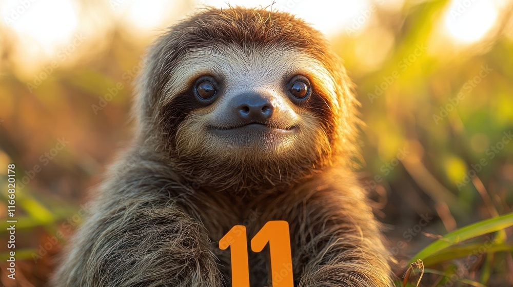 Fototapeta premium Adorable baby sloth with number eleven in grass.