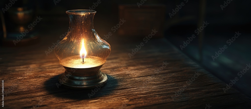 Kerosene lamp glowing softly on rustic wooden table enhancing a cozy atmosphere with its warm flickering flame Kerosene lamp glowing softly on rustic wooden table enhancing a cozy atmosphere with its warm flickering flame