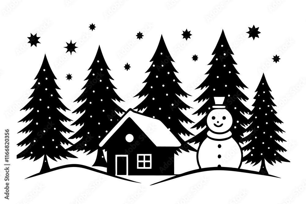 Silhouette vector snowman with a winter hut in the winter landscape with trees in the background Silhouette vector snowman with a winter hut in the winter landscape with trees in the background
