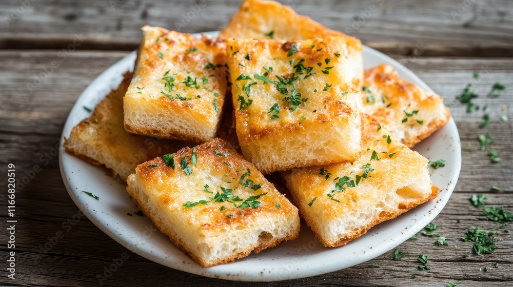 crispy toasted bread squares garnished with herbs served on a white plate against a rustic wooden background crispy toasted bread squares garnished with herbs served on a white plate against a rustic wooden background