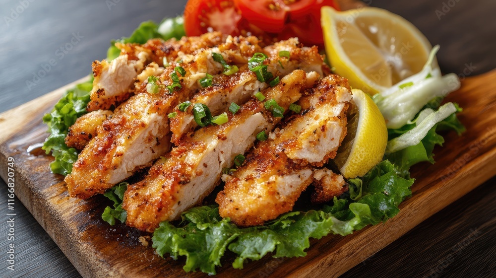 Crispy Chicken Fillet Sliced with Fresh Lettuce Tomatoes and Lemon Garnish on Wooden Platter Crispy Chicken Fillet Sliced with Fresh Lettuce Tomatoes and Lemon Garnish on Wooden Platter