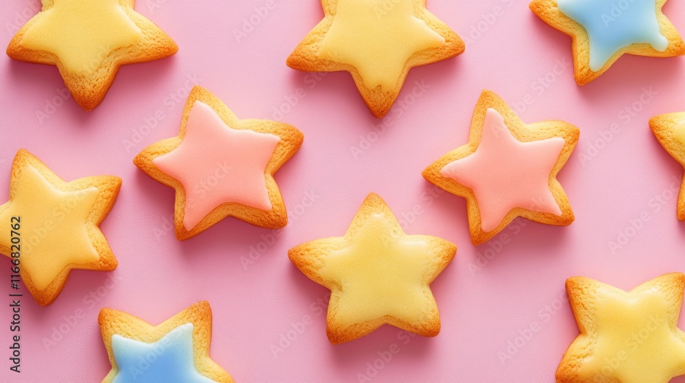 Decorative star-shaped cookies with pastel icing on soft pink background perfect for Halloween celebrations and festive baking inspiration Decorative star-shaped cookies with pastel icing on soft pink background perfect for Halloween celebrations and festive baking inspiration