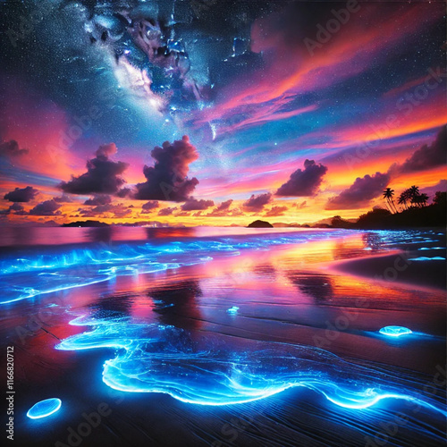 A stunning beach scene featuring bioluminescent waves glowing with a blue luminescence against the dark sand