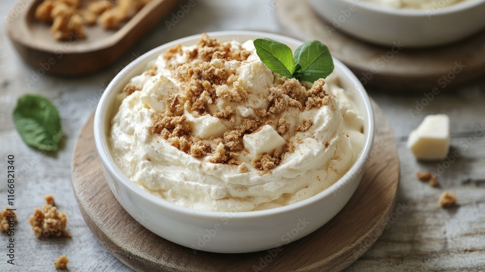 Lactose Free Cream Dessert Topped with Crunchy Crumbles and Fresh Mint Leaves in a White Bowl Lactose Free Cream Dessert Topped with Crunchy Crumbles and Fresh Mint Leaves in a White Bowl
