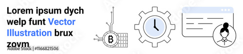 Blockchain symbol, clock in gear, code window, and user profile. Ideal for tech blogs, fintech, time management, business strategy, software development, user interface design, educational content