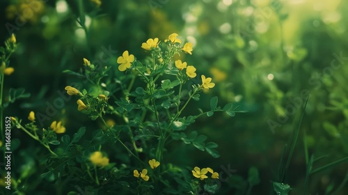 Creeping yellowcress herbaceous perennial with yellow flowers and pinnately lobed leaves in a lush green environment during springtime. photo