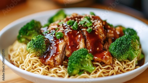 Crispy egg noodles topped with broccoli and sliced pork in rich thick gravy sauce garnished with sesame seeds and green onions.