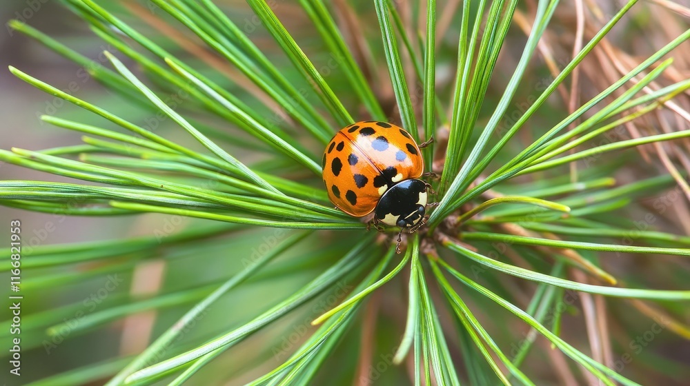 Ladybug resting on pine needles surrounded by natural greenery depicting a serene forest ecosystem Ladybug resting on pine needles surrounded by natural greenery depicting a serene forest ecosystem