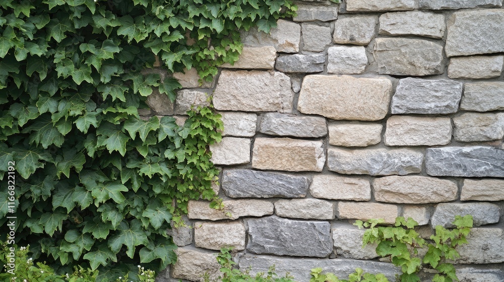 Natural stone brick wall with vibrant ivy showcasing an organic blend of architecture and nature in a charming outdoor setting Natural stone brick wall with vibrant ivy showcasing an organic blend of architecture and nature in a charming outdoor setting