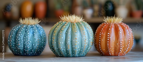 Charming Frailea Phaeodisca cacti in vibrant colors displayed on a table enhancing home decor with natural elegance and tranquility photo