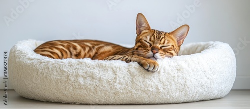 Bengal cat peacefully lounging on a cozy plush pet bed ideal for animal lovers and stylish home decor solutions photo