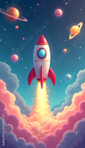 Rocket in a Colorful Space Adventure, rocket, space, planets, stars, galaxy, cosmos