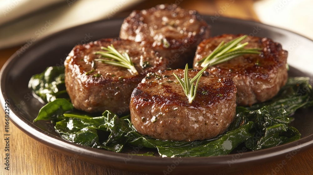 Lamb Medallions Garnished with Fresh Rosemary Served on a Bed of Sautéed Spinach Lamb Medallions Garnished with Fresh Rosemary Served on a Bed of Sautéed Spinach