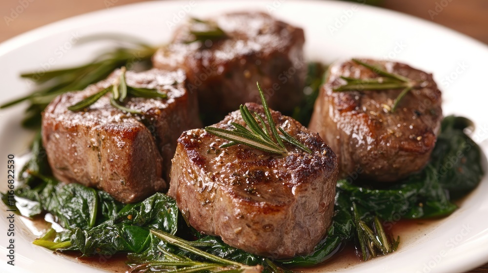 Lamb Medallions Served on Fresh Spinach Garnished with Rosemary for Gourmet Dining Experience Lamb Medallions Served on Fresh Spinach Garnished with Rosemary for Gourmet Dining Experience