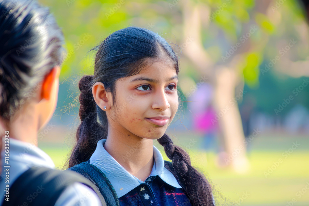 Against the backdrop of a serene park, an Indian girl lends a listening ear to a classmate expressing concerns, her empathy and support fostering a sense of belonging and camaraderie Against the backdrop of a serene park, an Indian girl lends a listening ear to a classmate expressing concerns, her empathy and support fostering a sense of belonging and camaraderie