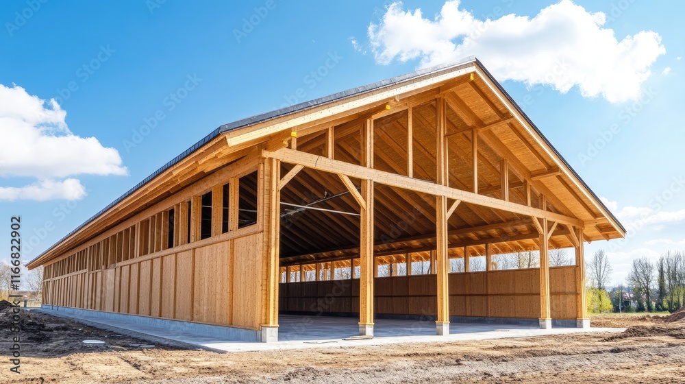 Laminated wood structure showcased under clear blue sky on a sunny spring day highlighting modern architectural design Laminated wood structure showcased under clear blue sky on a sunny spring day highlighting modern architectural design