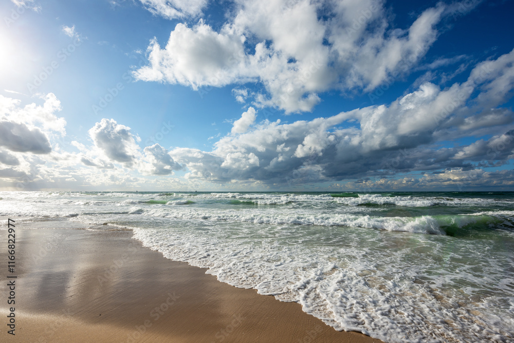 Fototapeta premium View of coastline in Mediterranean sea and cloudy sky.