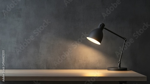 Creative workspace with desk lamp illuminating empty wooden desk against textured grey wall showcasing idea and inspiration concept
