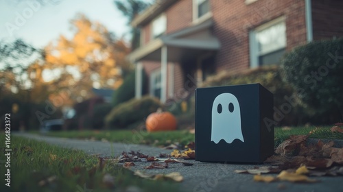 Halloween Trick or Treat Decorative Black Box with Ghost Design on Sidewalk Near House and Pumpkin in Autumn Scene photo