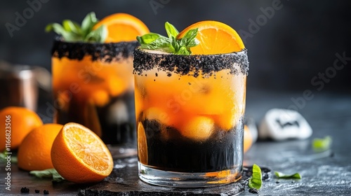 Halloween inspired cocktails featuring vibrant orange and black drinks adorned with citrus garnishes in a festive setting photo