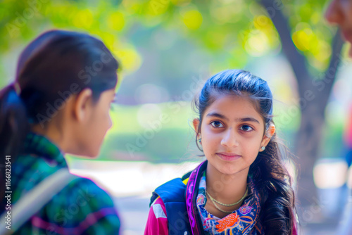 Against the backdrop of a serene park, an Indian girl lends a listening ear to a classmate expressing concerns, her empathy and support fostering a sense of belonging and camaraderie. photo