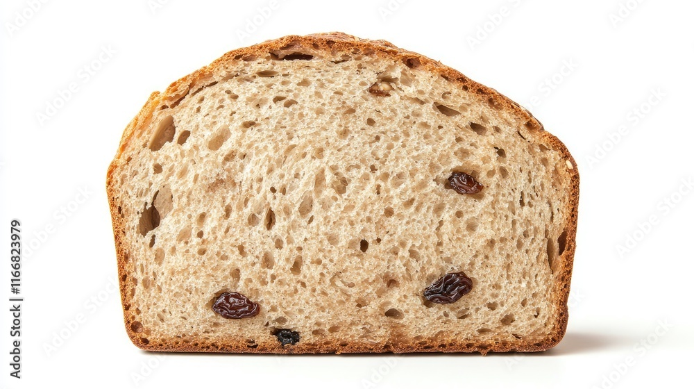 Cross section of homemade light brown bread featuring nuts and raisins highlighting texture and ingredients in a wholesome composition Cross section of homemade light brown bread featuring nuts and raisins highlighting texture and ingredients in a wholesome composition